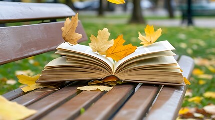 Open book rests on park bench autumn leaves fall
