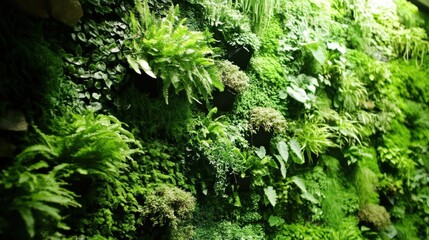 Obraz premium Lush Green Vertical Garden Display Featuring Various Ferns and Plants Creating a Serene Indoor Oasis Perfect for Nature Lovers and Modern Interiors