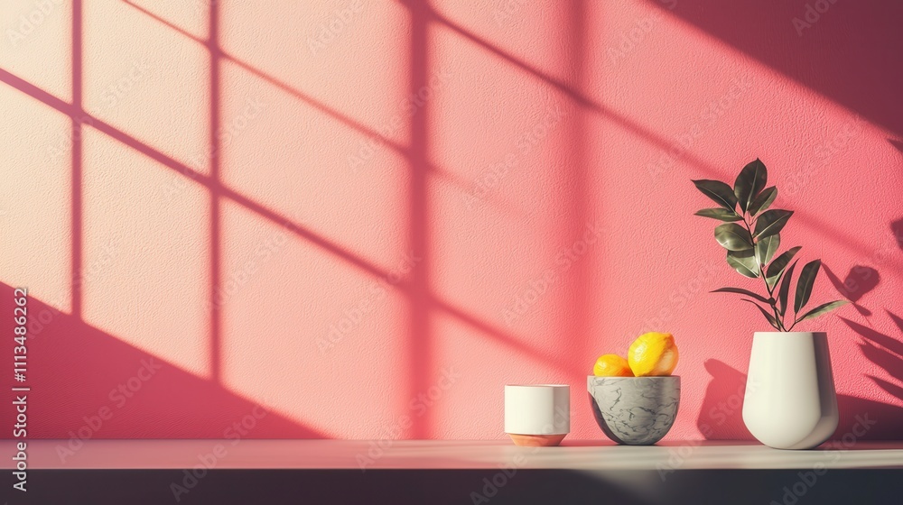 Poster minimalistic indoor setting with shadows and fresh elements for stylish presentation