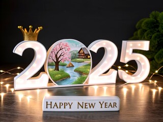 A vibrant and festive scene celebrates the arrival of 2025 with the bold text "HAPPY NEW YEAR 2025" glowing in radiant, multicolored neon lights.(AI generate)
