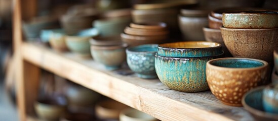 Fototapeta premium A collection of ceramic bowls displayed on wooden shelves, showcasing various colors and textures.