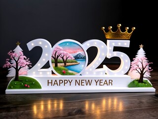 A vibrant and festive scene celebrates the arrival of 2025 with the bold text "HAPPY NEW YEAR 2025" glowing in radiant, multicolored neon lights.(AI generate)
