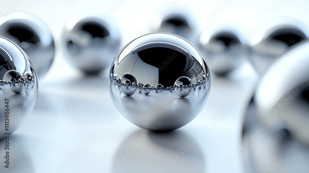 Poster shiny chrome spheres reflecting the surrounding spheres, creating an abstract pattern.