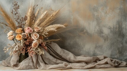 A bohemian-style dried flower arrangement with pampas grass, wheat, and dried roses, sitting on a neutral-colored cloth