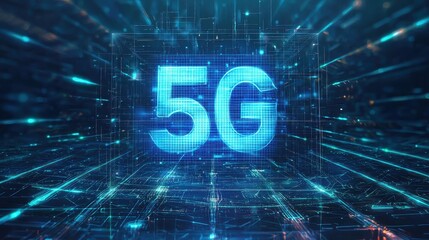 Futuristic representation of 5G technology with glowing blue numbers amidst data streams and digital connections in a vibrant network environment
