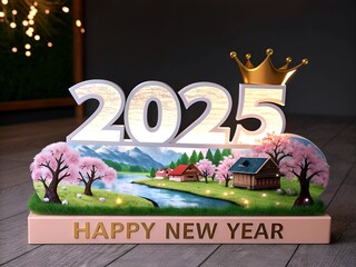 A vibrant and festive scene celebrates the arrival of 2025 with the bold text "HAPPY NEW YEAR 2025" glowing in radiant, multicolored neon lights.(AI generate)
