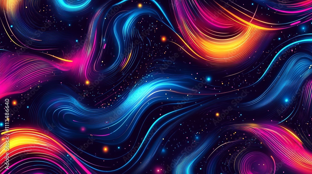 Canvas Prints abstract swirling pattern in neon colors on a black background.