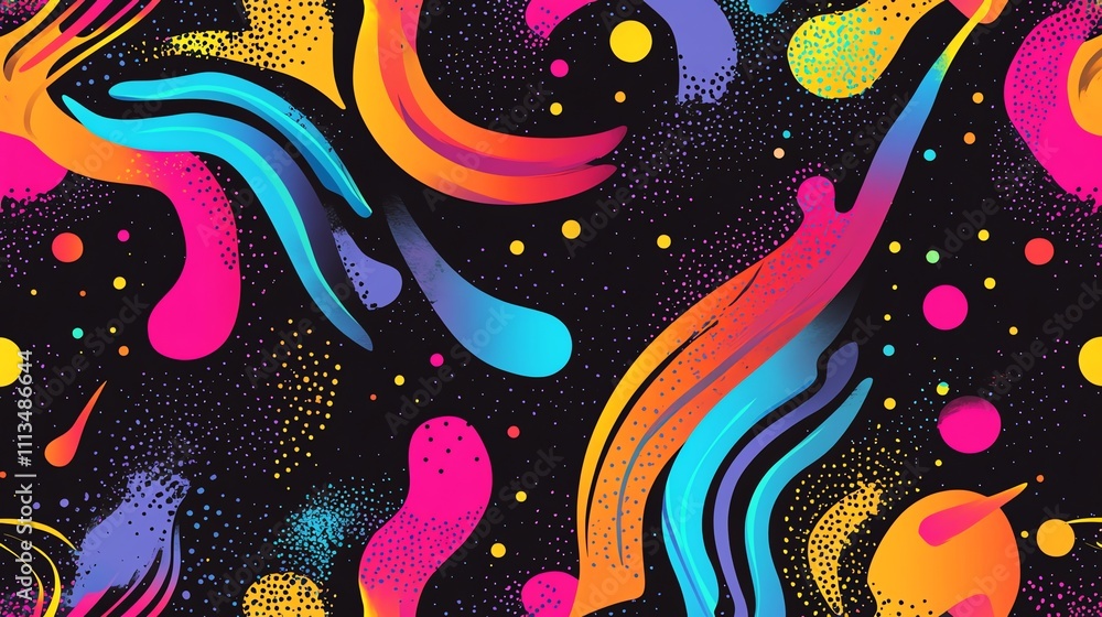 Poster abstract seamless pattern with bright colorful splashes and dots on a black background.