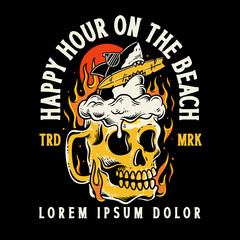 shark with skull beer, surfing skull illustration