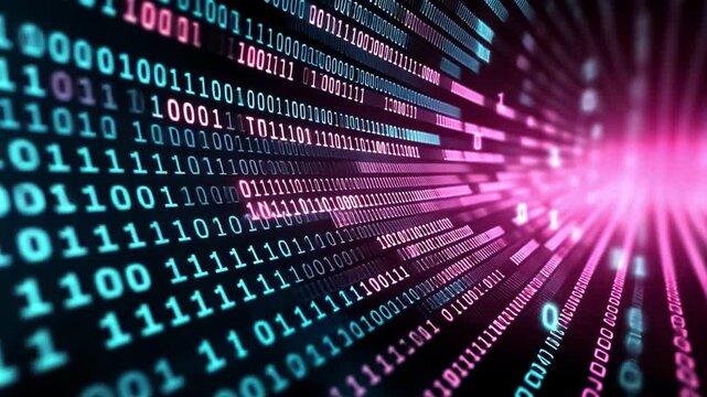 Abstract digital background featuring vibrant blue and pink binary data lines converging in a dynamic perspective view.