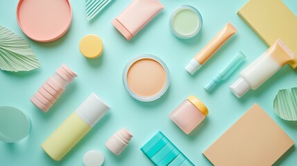 Flat lay of colorful beauty products on a teal background.