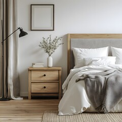 Cozy and Inviting Bedroom with Neutral Tones. A Beautifully Styled Bedroom Featuring a Comfortable Bed with Layered Pillows and a Chunky Knit Blanket, a Rustic Wooden Nightstand, and a Modern Black.