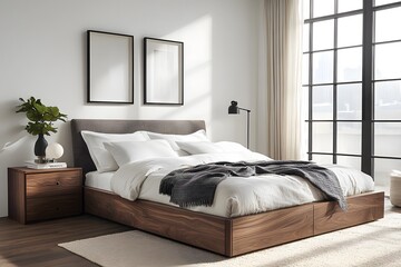 Cozy and Inviting Bedroom with Neutral Tones. A Beautifully Styled Bedroom Featuring a Comfortable Bed with Layered Pillows and a Chunky Knit Blanket, a Rustic Wooden Nightstand, and a Modern Black.