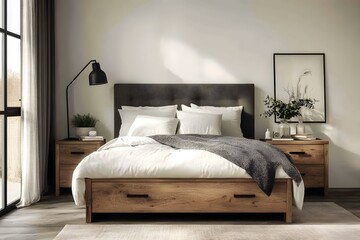Cozy and Inviting Bedroom with Neutral Tones. A Beautifully Styled Bedroom Featuring a Comfortable Bed with Layered Pillows and a Chunky Knit Blanket, a Rustic Wooden Nightstand, and a Modern Black.