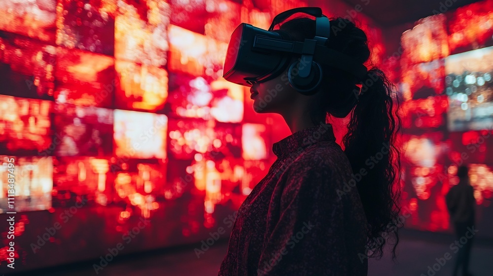 Poster futuristic virtual reality classroom with interactive 3d displays and real time simulations