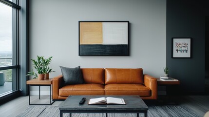 Contemporary artist's loft living room urban setting interior design cozy environment wide angle view aesthetic comfort