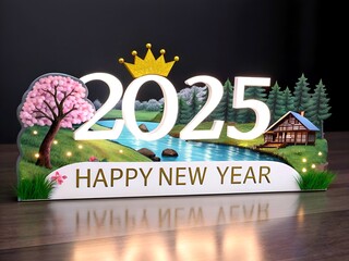 A vibrant and festive scene celebrates the arrival of 2025 with the bold text "HAPPY NEW YEAR 2025" glowing in radiant, multicolored neon lights.(AI generate)
