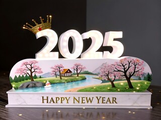 A vibrant and festive scene celebrates the arrival of 2025 with the bold text "HAPPY NEW YEAR 2025" glowing in radiant, multicolored neon lights.(AI generate)
