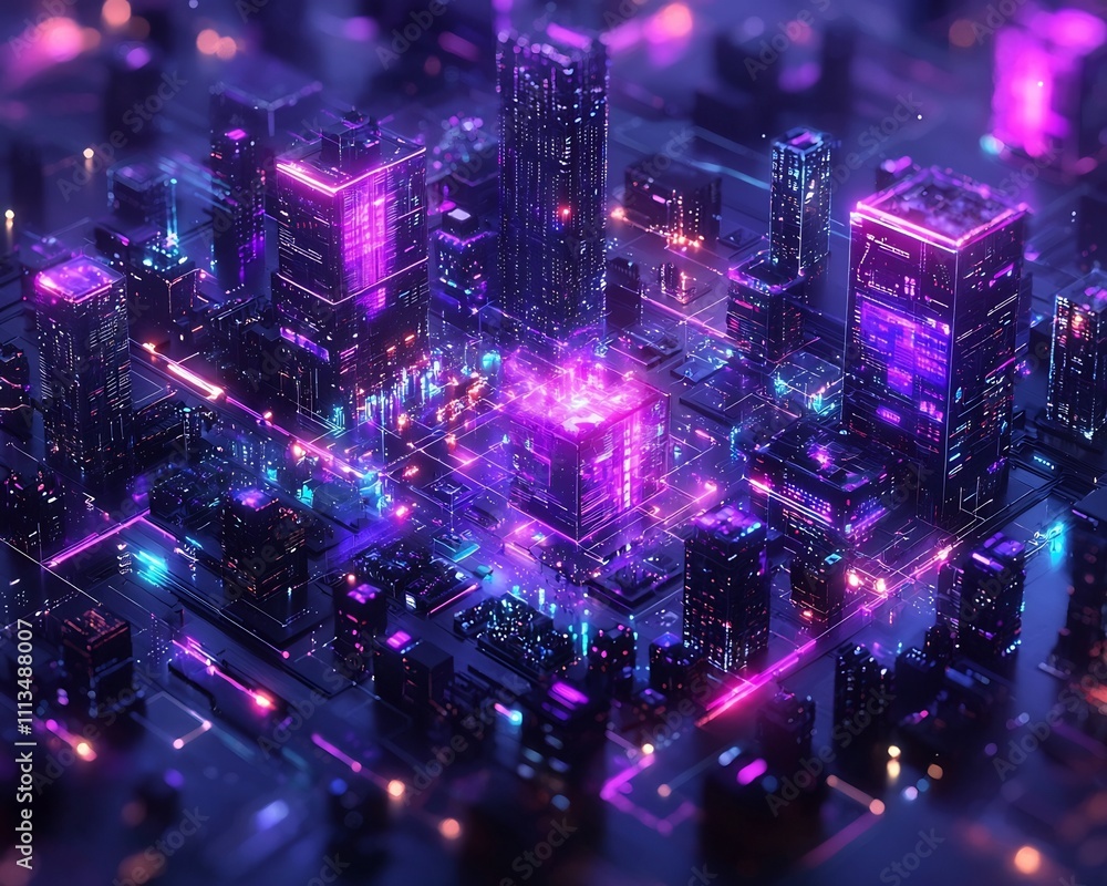 Poster futuristic collaborative digital workspace with glowing cityscape and 3d model interaction