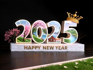 A vibrant and festive scene celebrates the arrival of 2025 with the bold text "HAPPY NEW YEAR 2025" glowing in radiant, multicolored neon lights.(AI generate)
