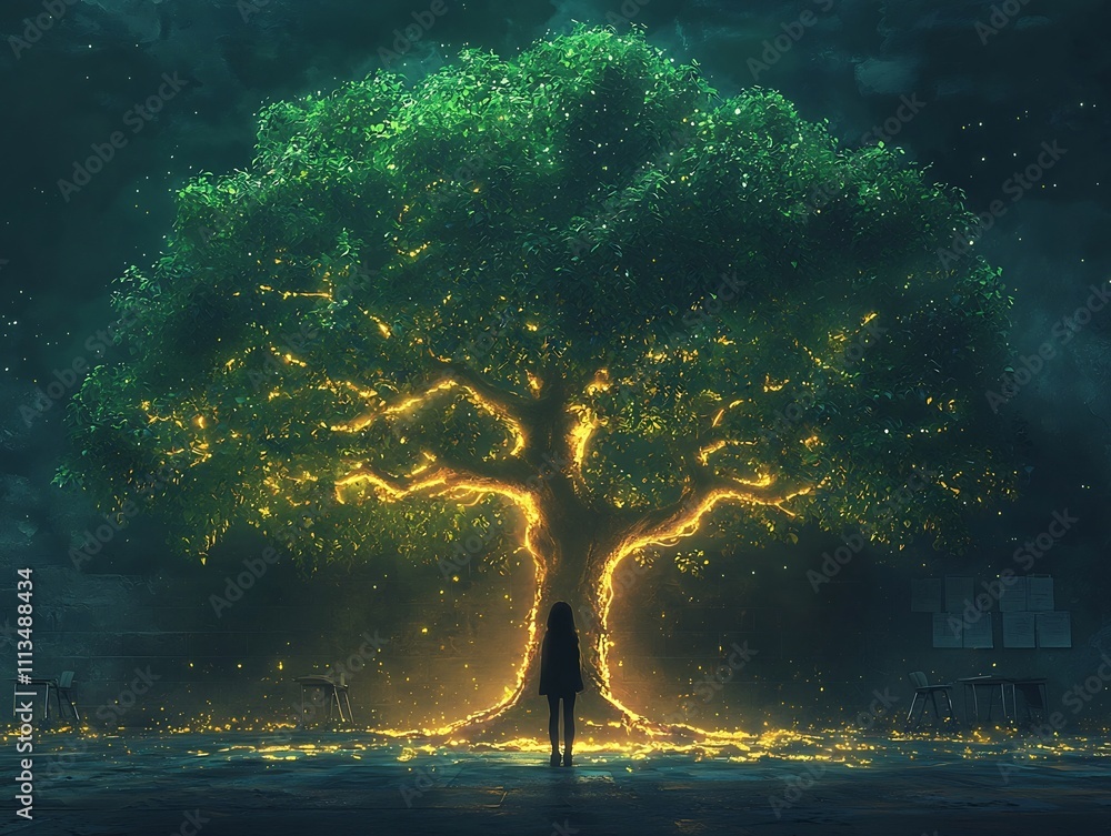 Aufkleber glowing tree of knowledge sprouting leadership in a classroom setting
