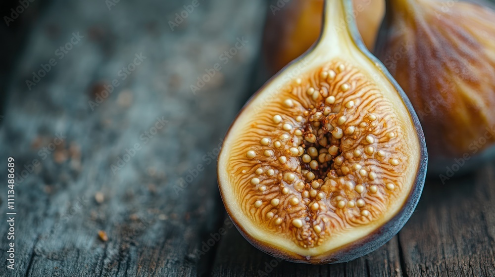 Poster a halved fig with its seeds visible, next to a whole fig on a rustic wooden table.