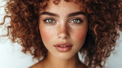 Fototapeta premium Close up portrait of a woman with freckles and curly hair looking at the camera.