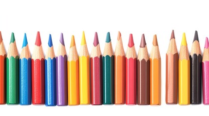 A row of colorful pencils lined up in a row on a white background.