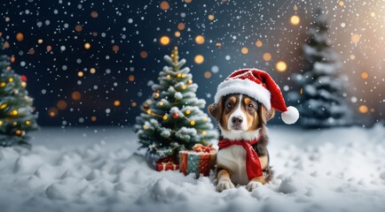 Dog in Santa hat on Christmas tree. Dog puppy in red Santa hat with Christmas gift on winter snow greeting card. Puppy dog in Christmas Santa hat near Christmas tree.