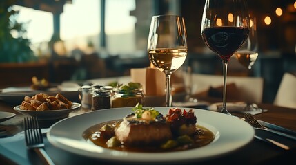 A table setting with a plate of food, a glass of white wine, and a glass of red wine.