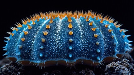 Obraz premium Vibrant blue sea cucumber with striking spikes in underwater macro shot