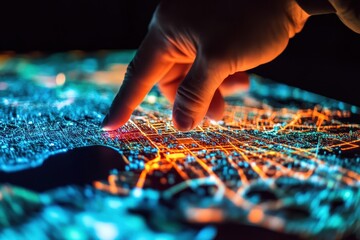 Urban planner presenting a digital city growth map projection, highlighting future development and urban expansion.