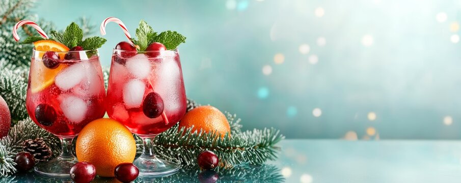 A festive mocktail trio--cranberry, mint, and orange--arranged on a reflective studio table with colorful holiday decor around them.