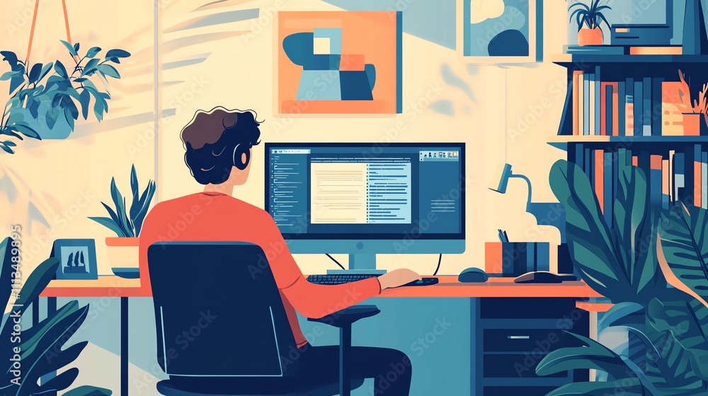 Poster a programmer sits at a desk in a home office, working on code.