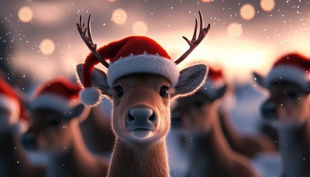 A herd of reindeer wearing festive Santa hats, with sleigh bells jingling, standing in front of a glowing northern lights sky.