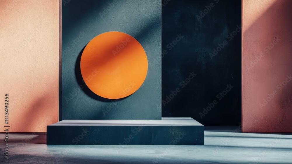 Poster minimalistic background mockup featuring bold circular element on stylized display platform