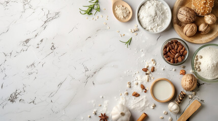 Captivating Flat Lay of Baking Ingredients on White Countertop for Culinary Inspiration