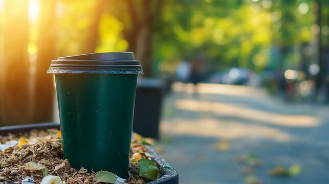 Disposable coffee cup discarded in a public park trash receptacle.