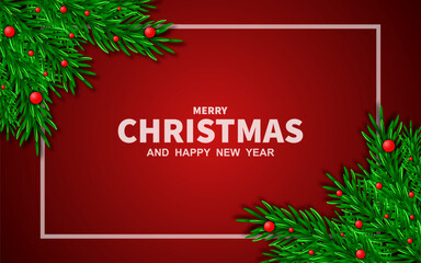 Vector illustration for Merry Christmas and New Year. New Year greeting card with green pine branches, on background.