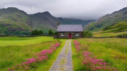 Obraz premium Serene house surrounded by colorful flowers rural landscape nature photography green meadows panoramic view tranquility and beauty