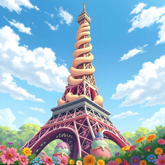 Anime Eiffel Tower Made of Pastel Ice Cream Swirls