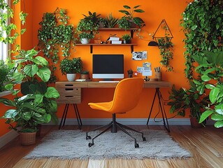 Vibrant Eco Friendly Home Office with Recycled Decor and Clean Energy Powered Productivity