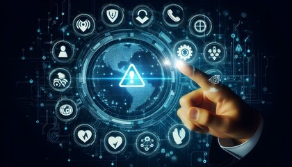 Fototapeta premium Hand interacting with futuristic digital icons representing risk management and safety on a dark background.