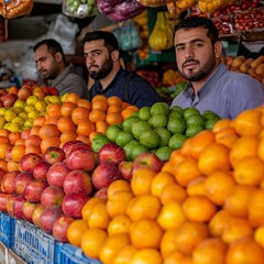 Buyers browsing fresh fruits at a regional market stall urban environment lifestyle content engaging atmosphere vibrant colors
