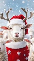 A sheep in a Santa costume surrounded by a flock of lambs wearing reindeer antlers, all in a snow-covered pasture.