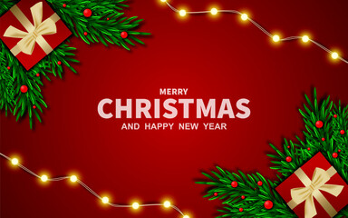 Christmas holiday background. Christmas tree frame. Christmas light ornament. Sparkling decoration. Calligraphy Merry Christmas. For winter holiday header, banner, party poster.