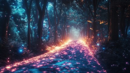 Obraz premium Magical forest path at night with glowing lights.