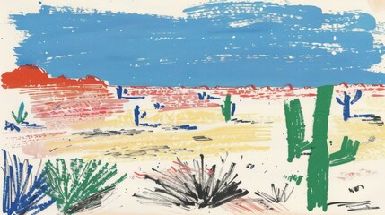 Colorful abstract desert landscape painting with cacti and plants.
