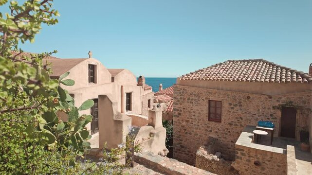 Mediterranean stone house buildings, Monemvasia medieval coastal town