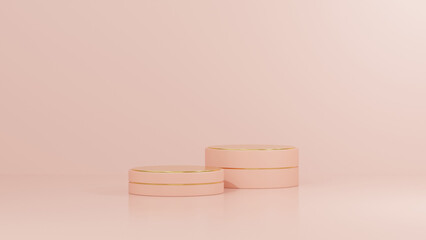 Background featuring an empty product display mockup with a pink backdrop and abstract geometric platforms designed for showcasing merchandise in landscape orientation.